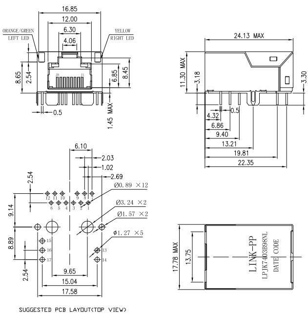 超薄rj45连接器 千兆开口向上 带灯带弹rj45网络接口 lpjk7403b98nl