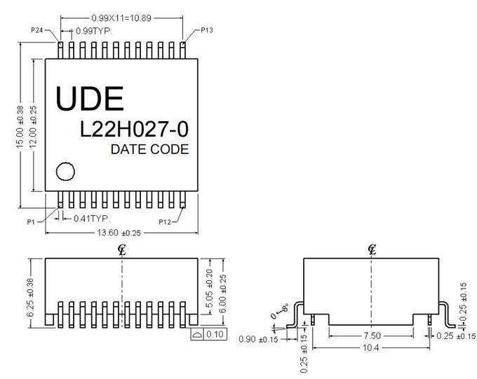 L22H027-0 2.5G Base –T 1 Port SMD Lan Filter Transformer Modules 24PIN 1