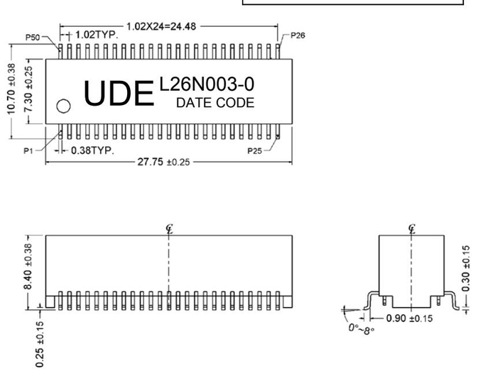 UDE L26N003-0 1G Base –T Dual Port Lan Filter Magnetic Transformer 50 Pin 1