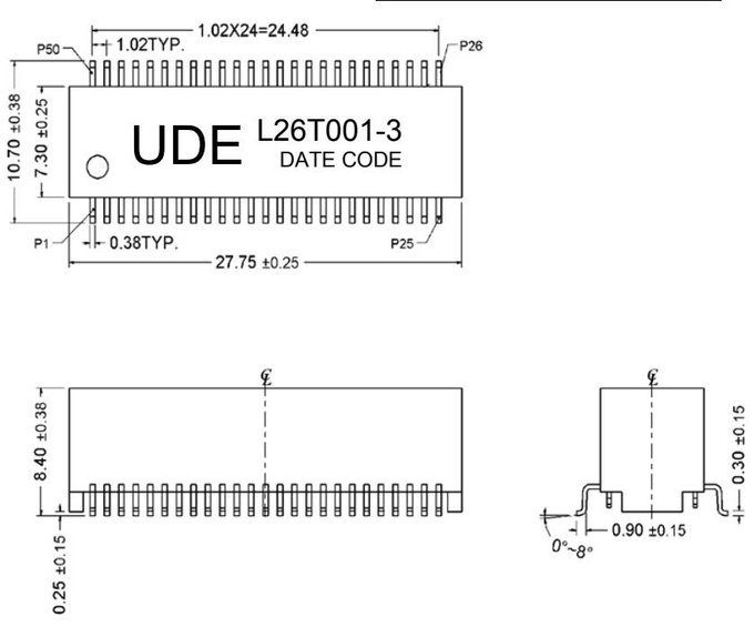 UDE L26T001-3 1000 Base –T Dual Port Lan Transformer PoE_30/60W 1